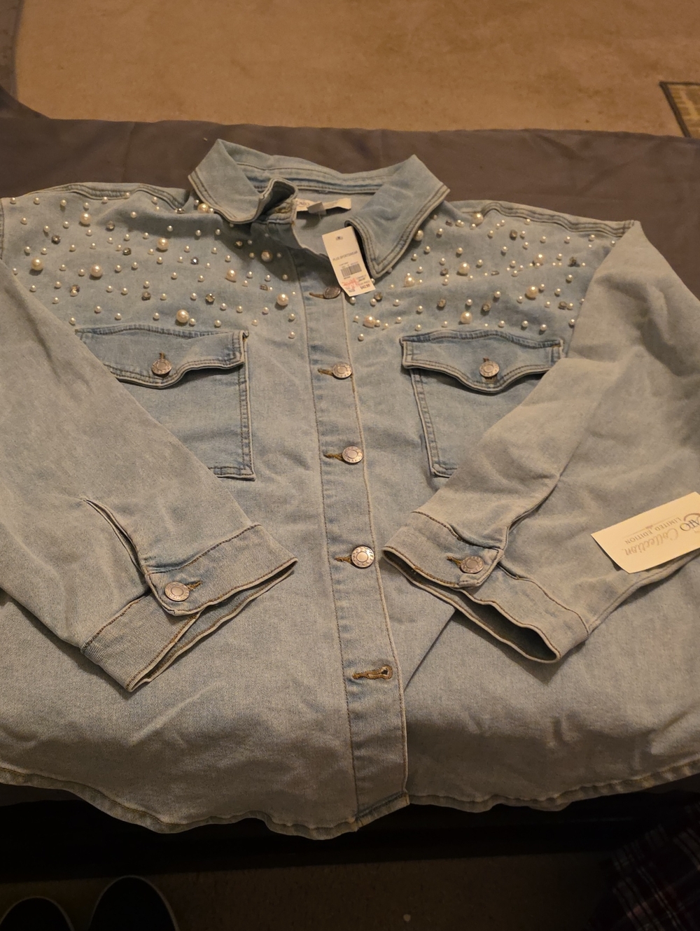 Cato Light Blue Pearl-Accent Denim Button-Down Shirt